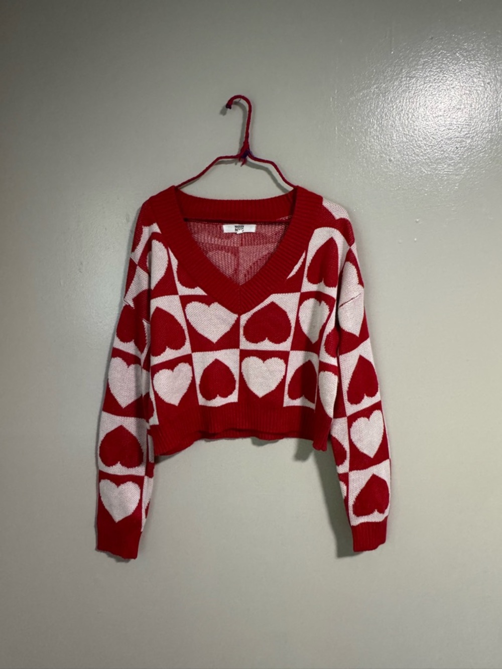 Madden NYC adorable red & white checkered heart cropped preppy sweater womens L
